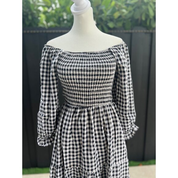 Plaid Gingham Cottage Maxi Dress black Voile Prairie Core Corset Romantic S/M - Picture 2 of 5